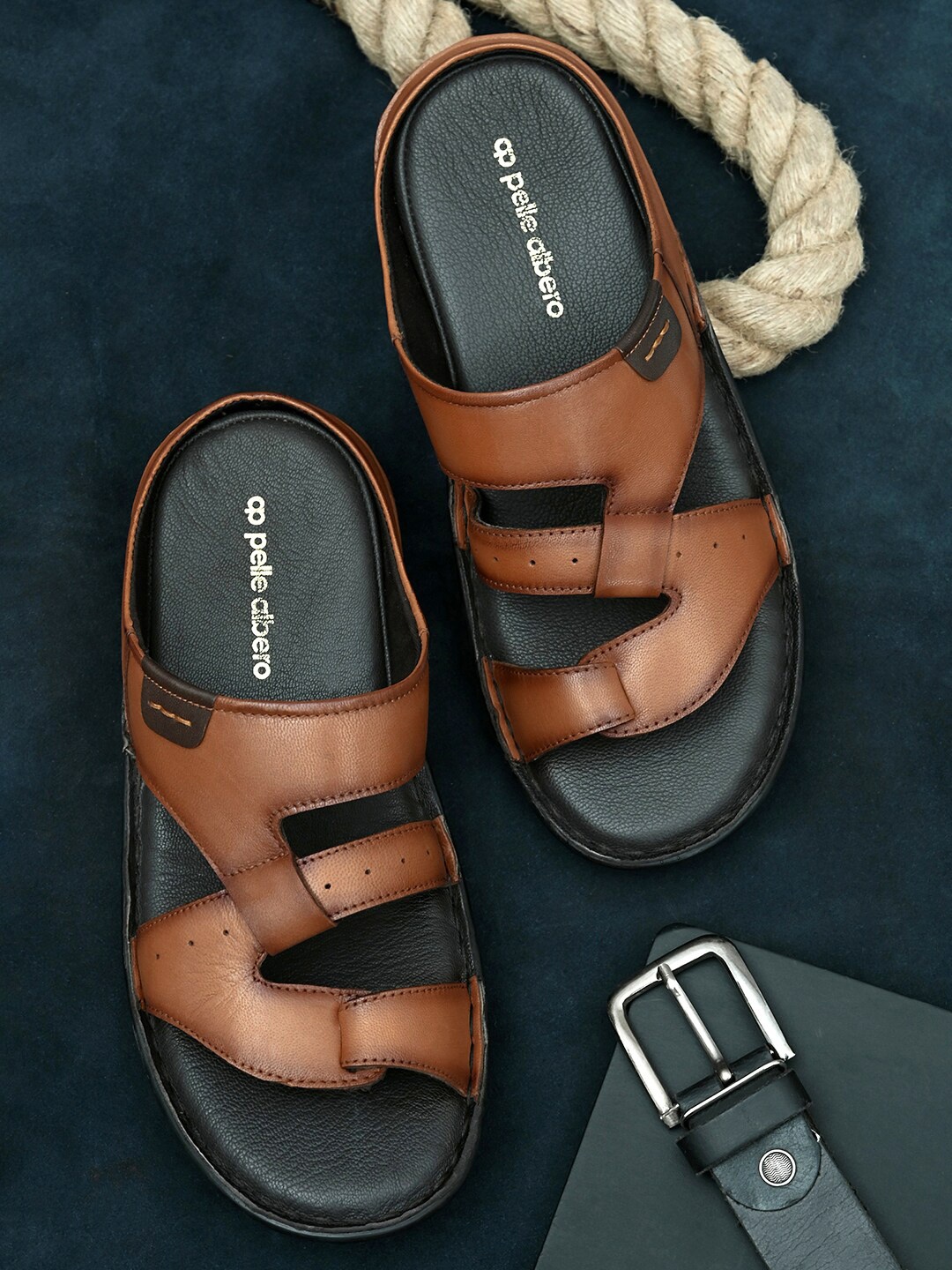 

pelle albero Men Tan & Black Ethnic Leather Comfort Sandals