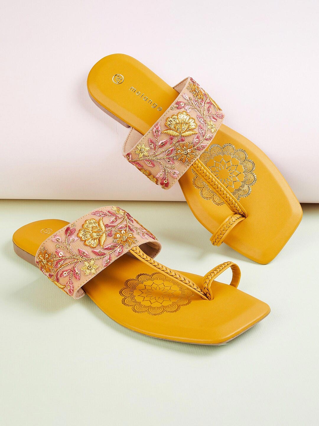 

Melange by Lifestyle Women Yellow Ethnic Embellished Leather Ethnic One Toe Flats
