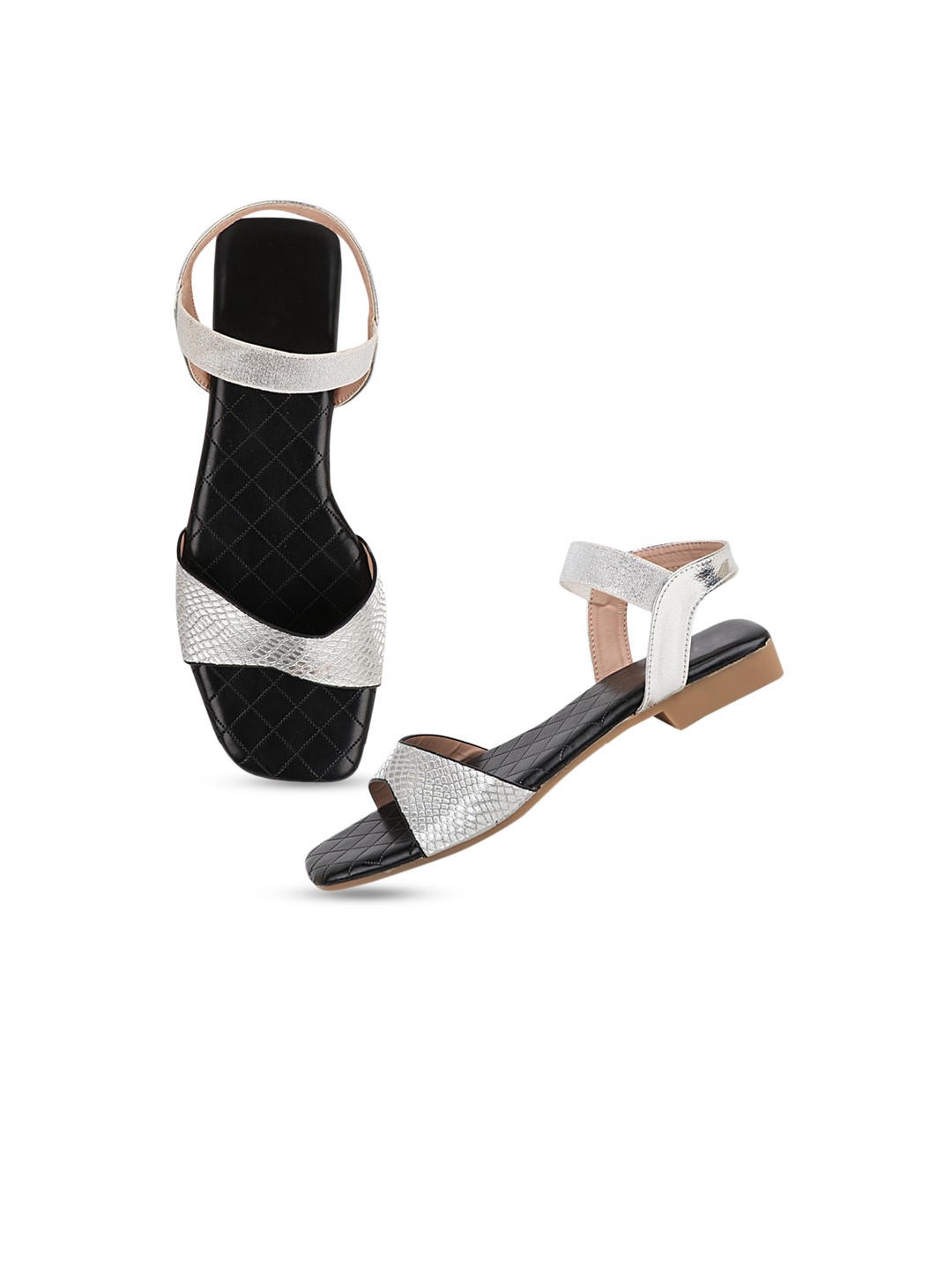 

THE WHITE POLE Women Black & Silver Ethnic Open Toe Flats