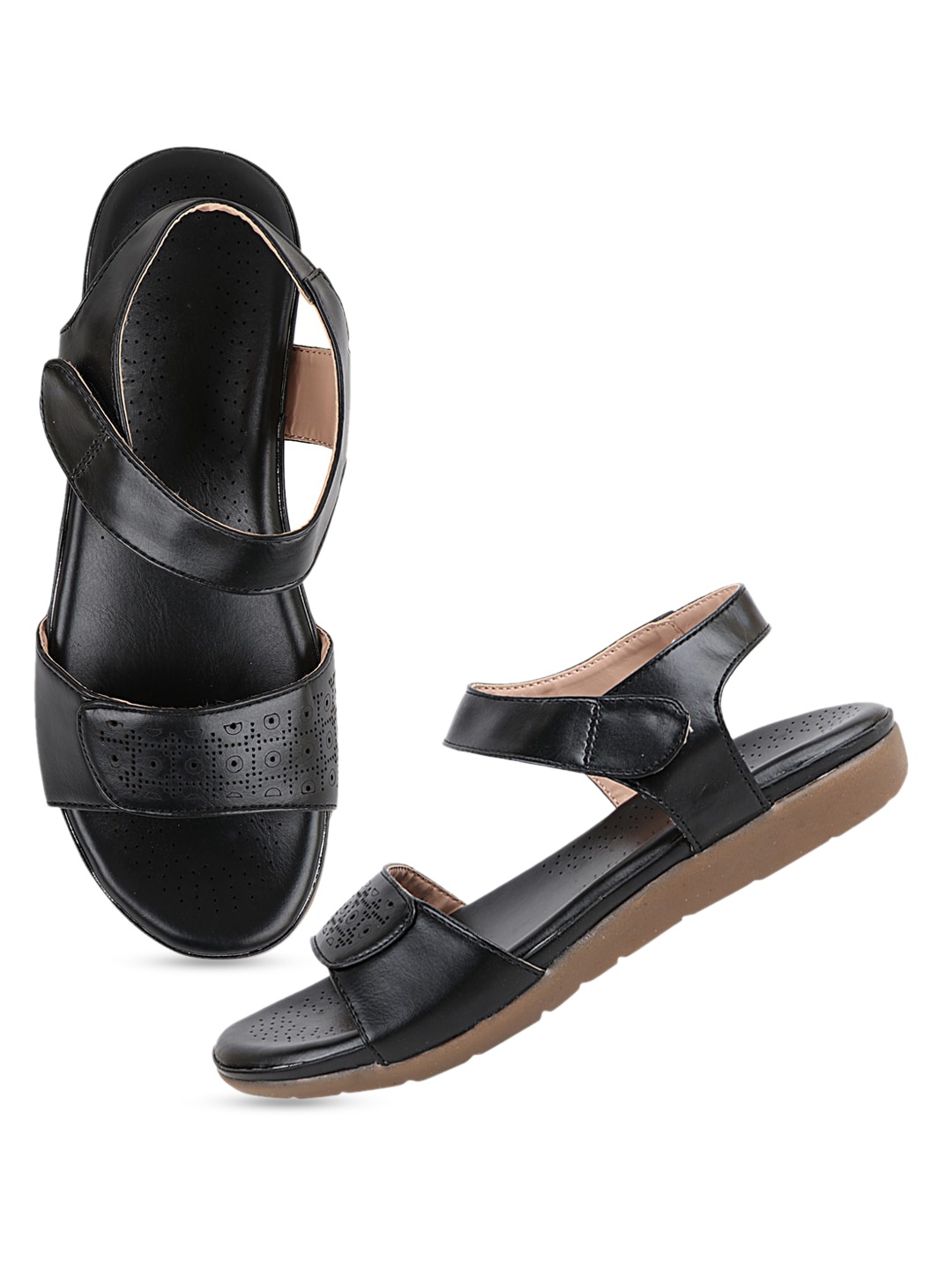 

THE WHITE POLE Women Black Laser Cuts Open Toe Flats