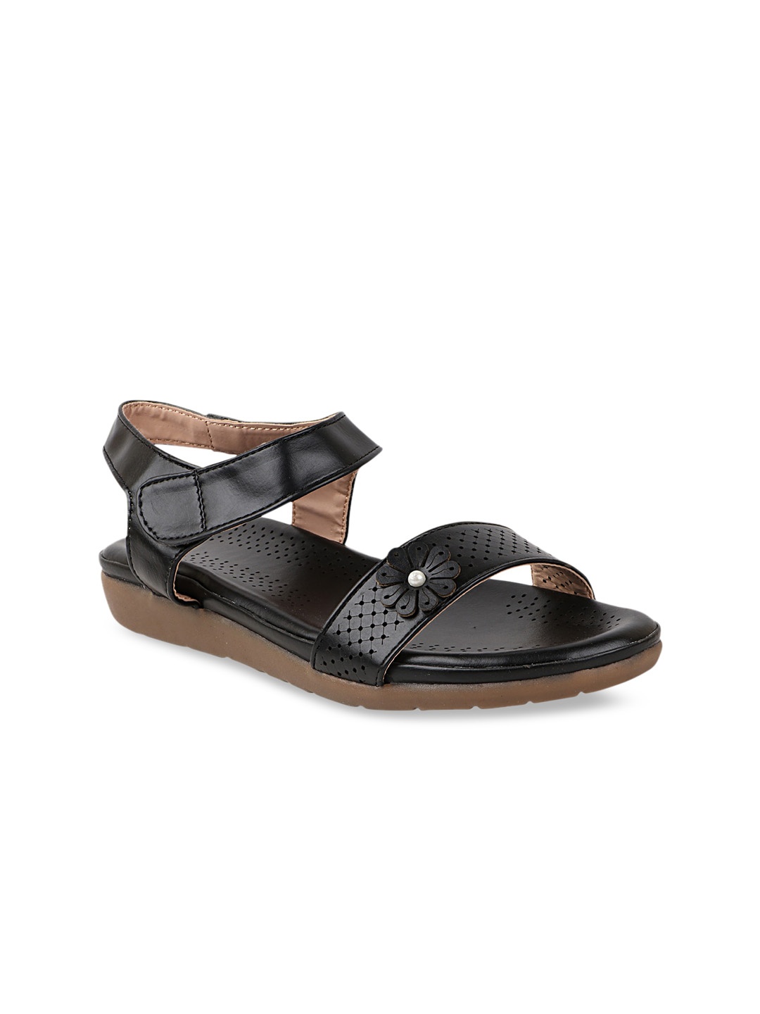 

THE WHITE POLE Women Black Textured Laser Cuts Flats
