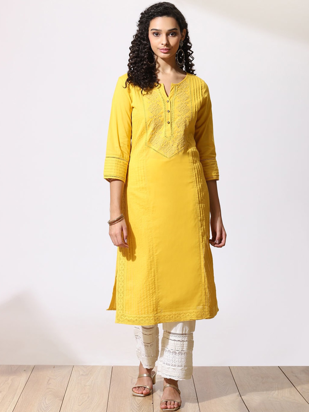 

Lakshita Women Mustard Embroidered Yellow Kurta with Pin Tuck Details
