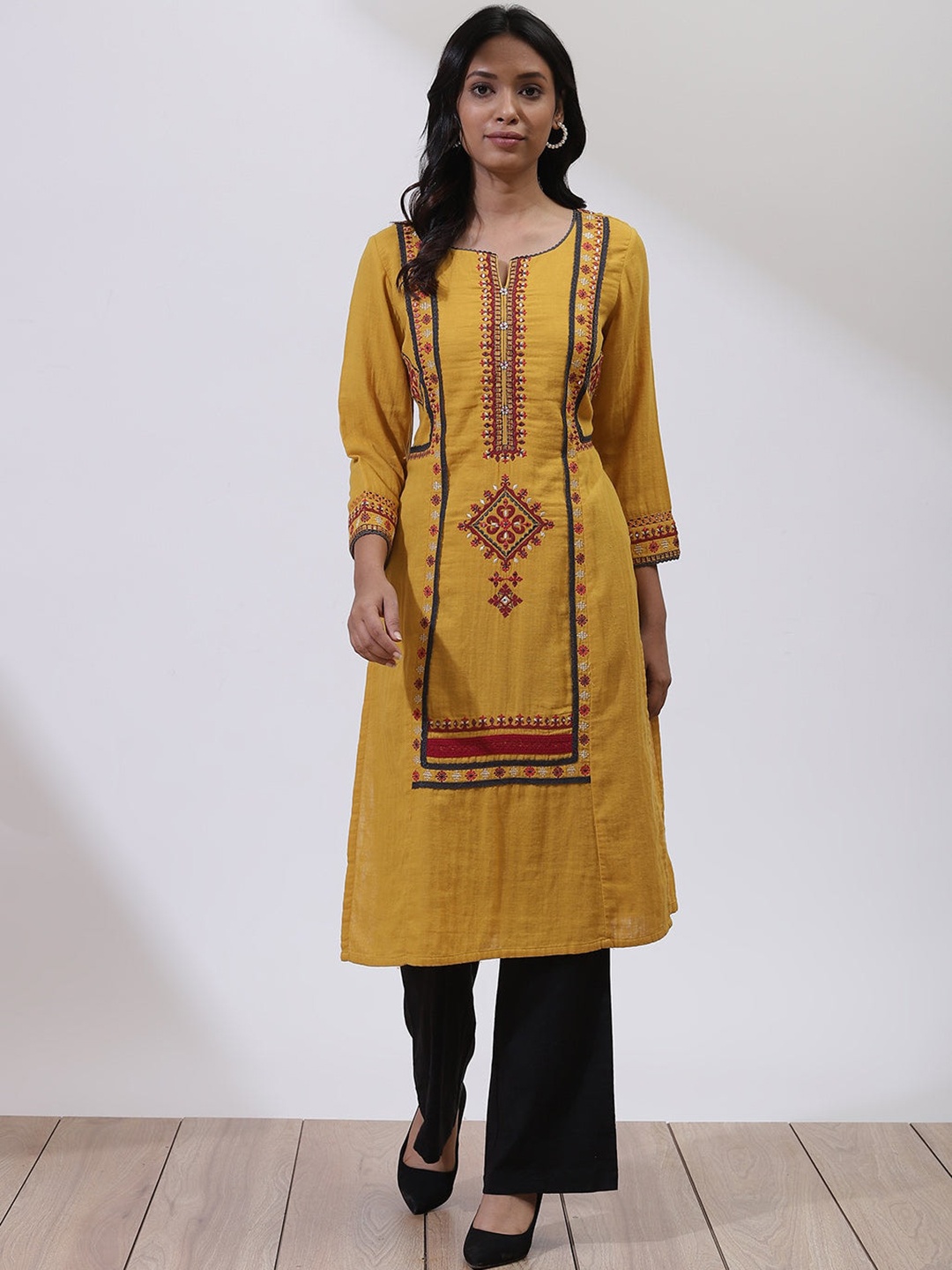 

Lakshita Women Mustard Yellow Ethnic Motifs Embroidered Panelled Kurta