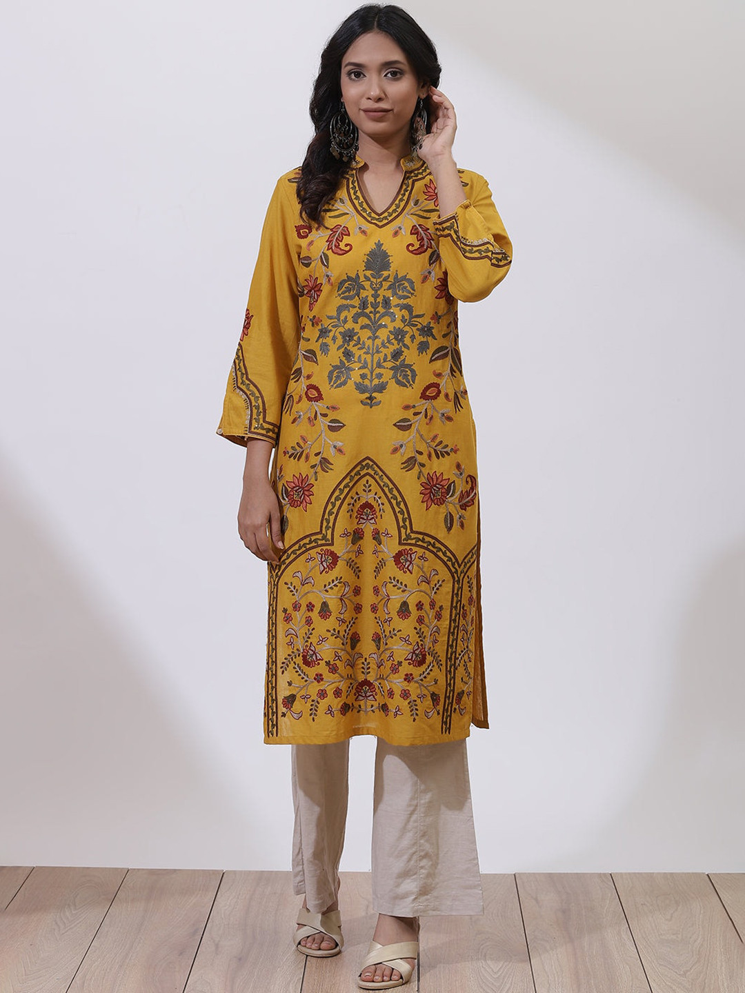 

Lakshita Women Plus Size Mustard Yellow Mughal Aari Embroidery Kurta