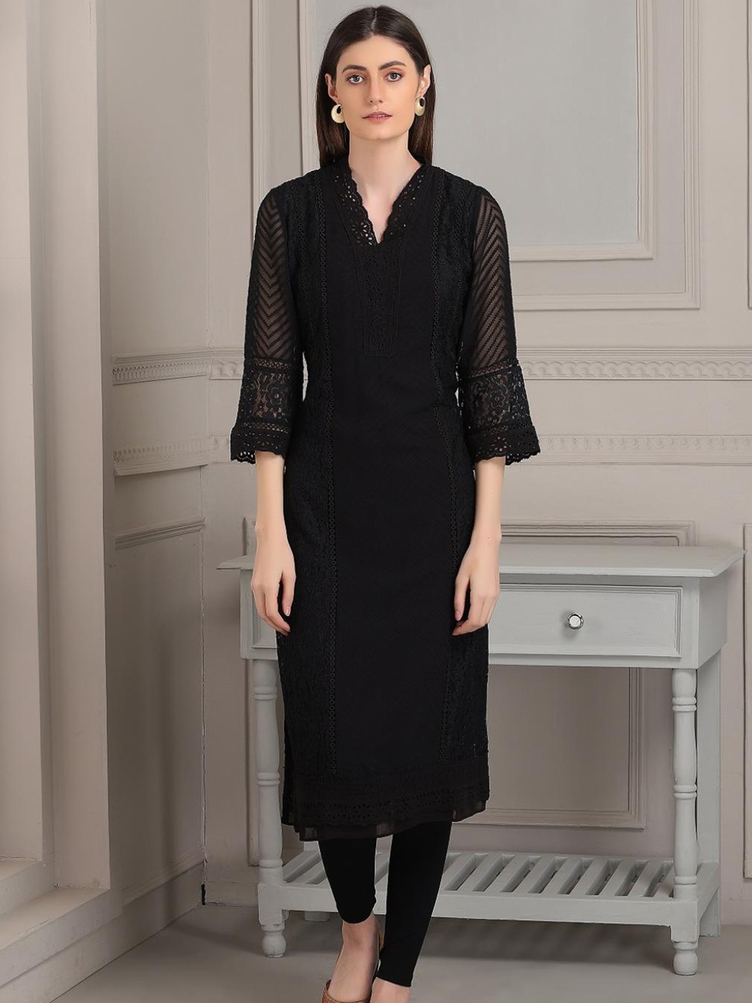 

Lakshita Women's Black Stylized Yoke Flared Sleeves Lace Georgette Kurta