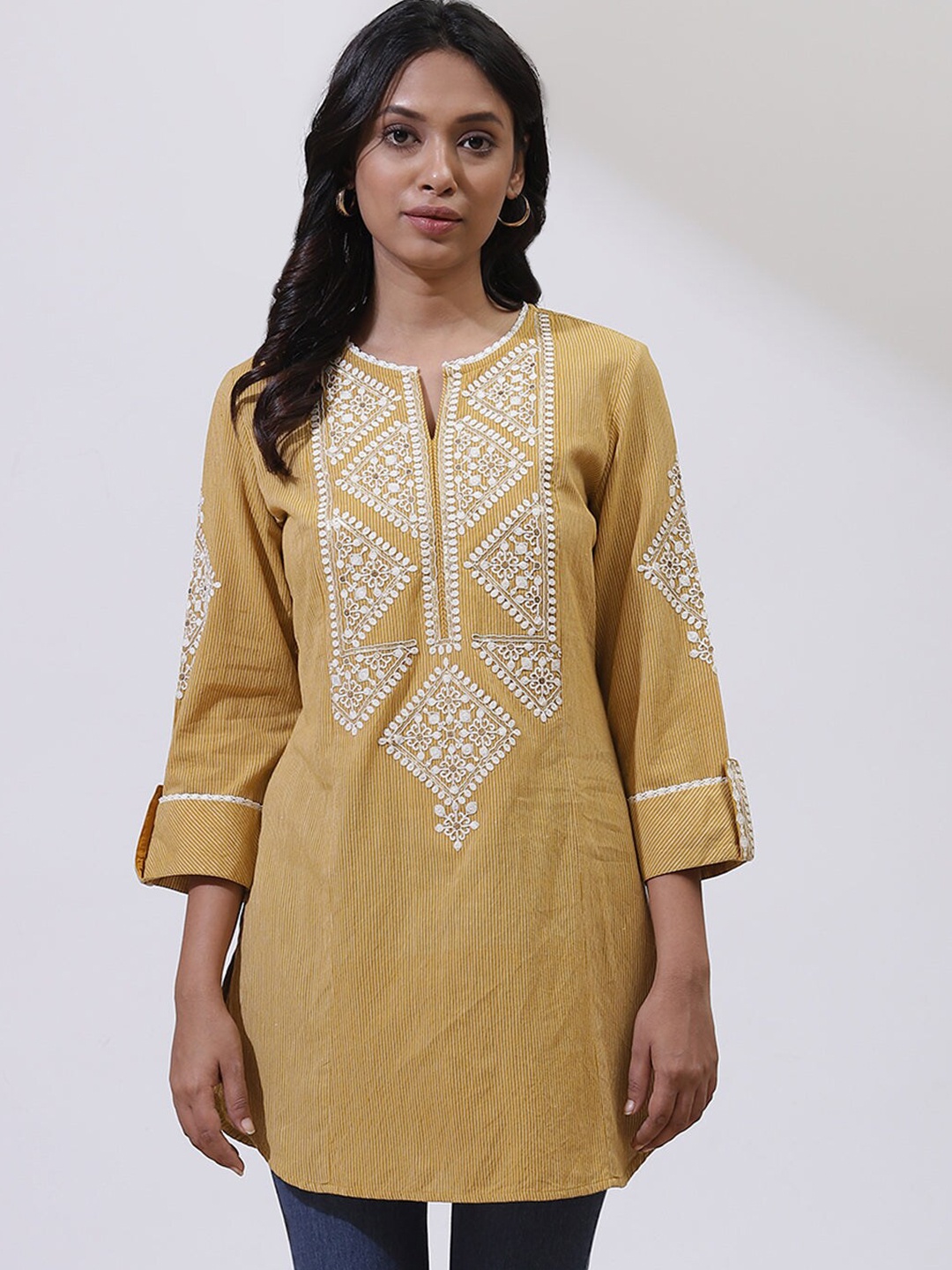 

Lakshita Geometric Embroidered Thread Work Pure Cotton Thread Work Kurti, Mustard