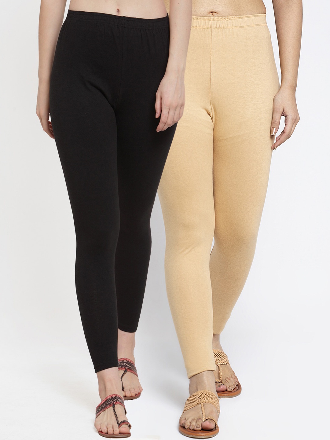 

GRACIT Women Pack of 2 Black & Beige Solid Ankle-Length Leggings