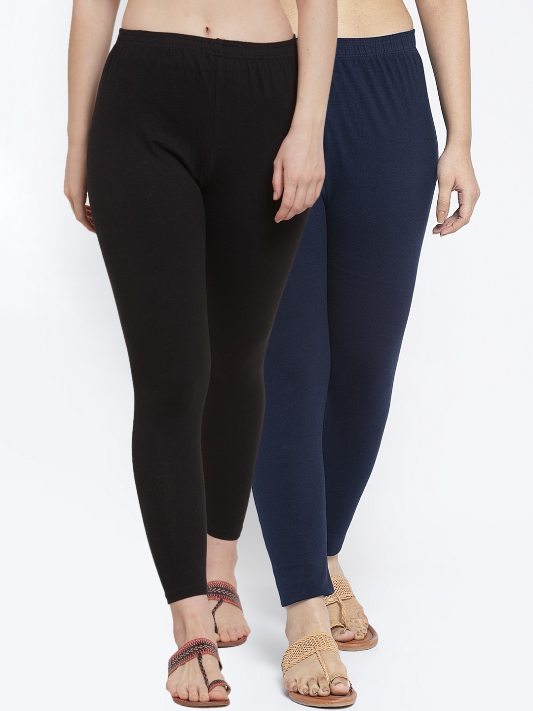 

GRACIT Women Pack of 2 Black & Navy Blue Solid Ankle-Length Leggings