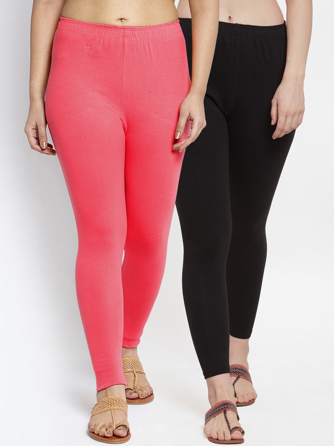 

GRACIT Women Pack of 2 Black & Peach Solid Ankle-Length Leggings