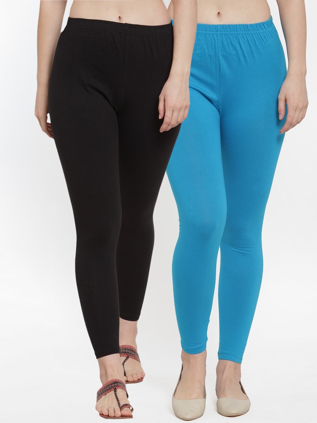 

GRACIT Women Pack of 2 Black & Turquiose Blue Solid Ankle-Length Leggings