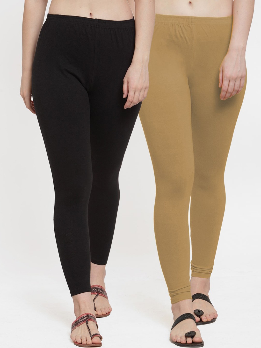 

GRACIT Women Pack of 2 Black & Beige Solid Ankle-Length Leggings