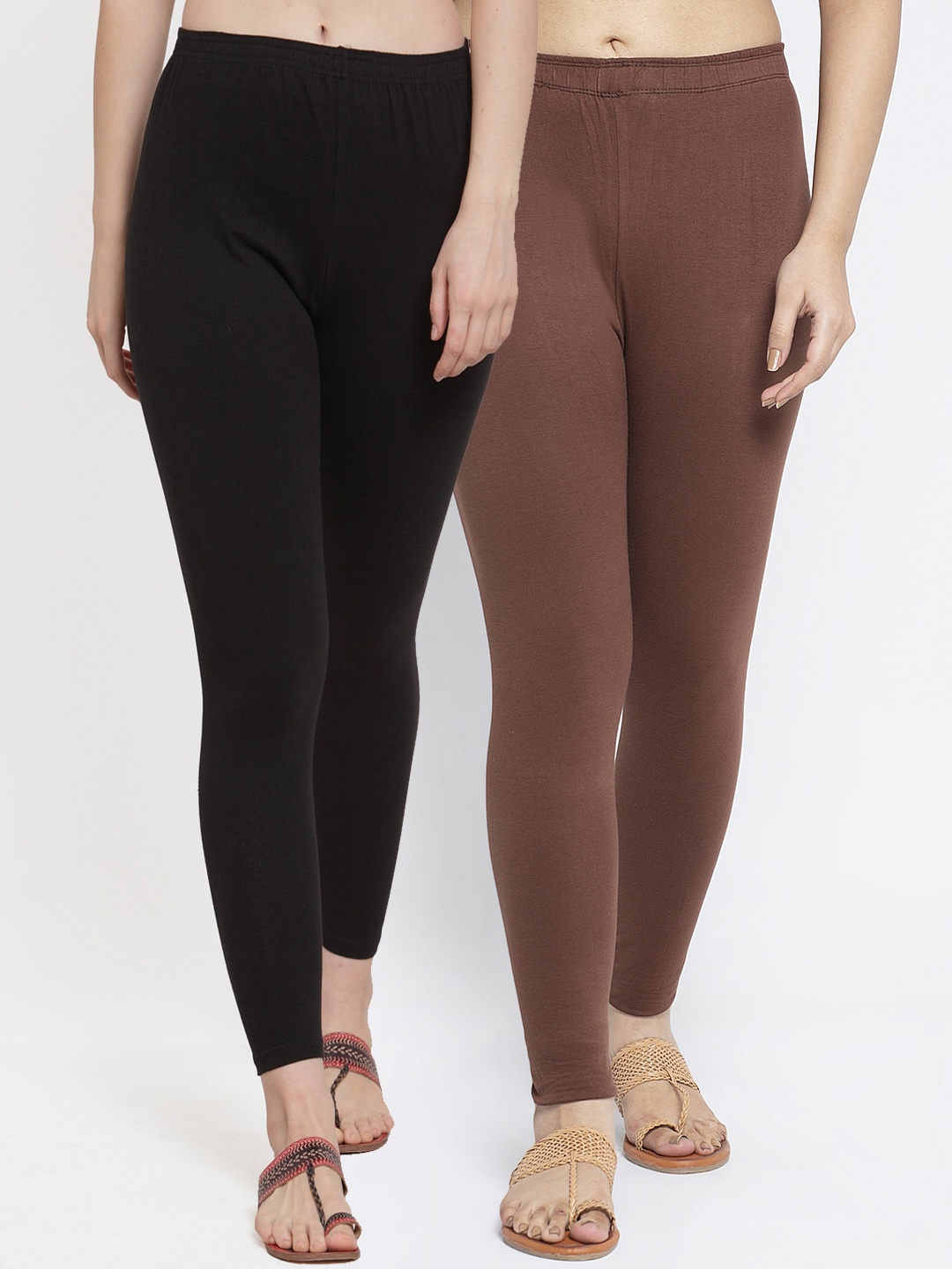 

GRACIT Women Pack of 2 Black & Brown Solid Ankle-Length Leggings