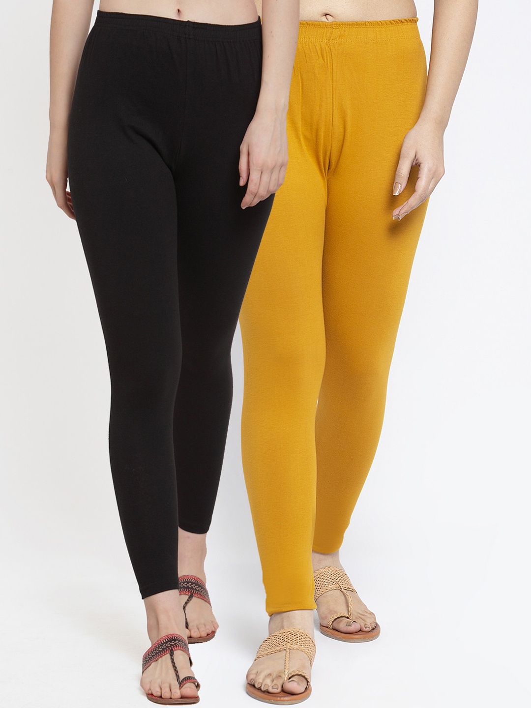 GRACIT Woman Pack of 2 White & Mustard Solid Cotton Lycra Leggings, Black