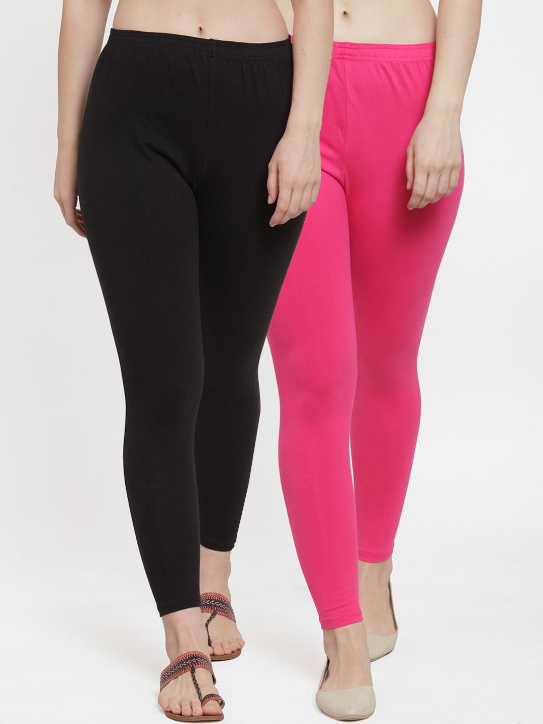 

GRACIT Women Pack of 2 Black & Pink Solid Ankle-Length Leggings