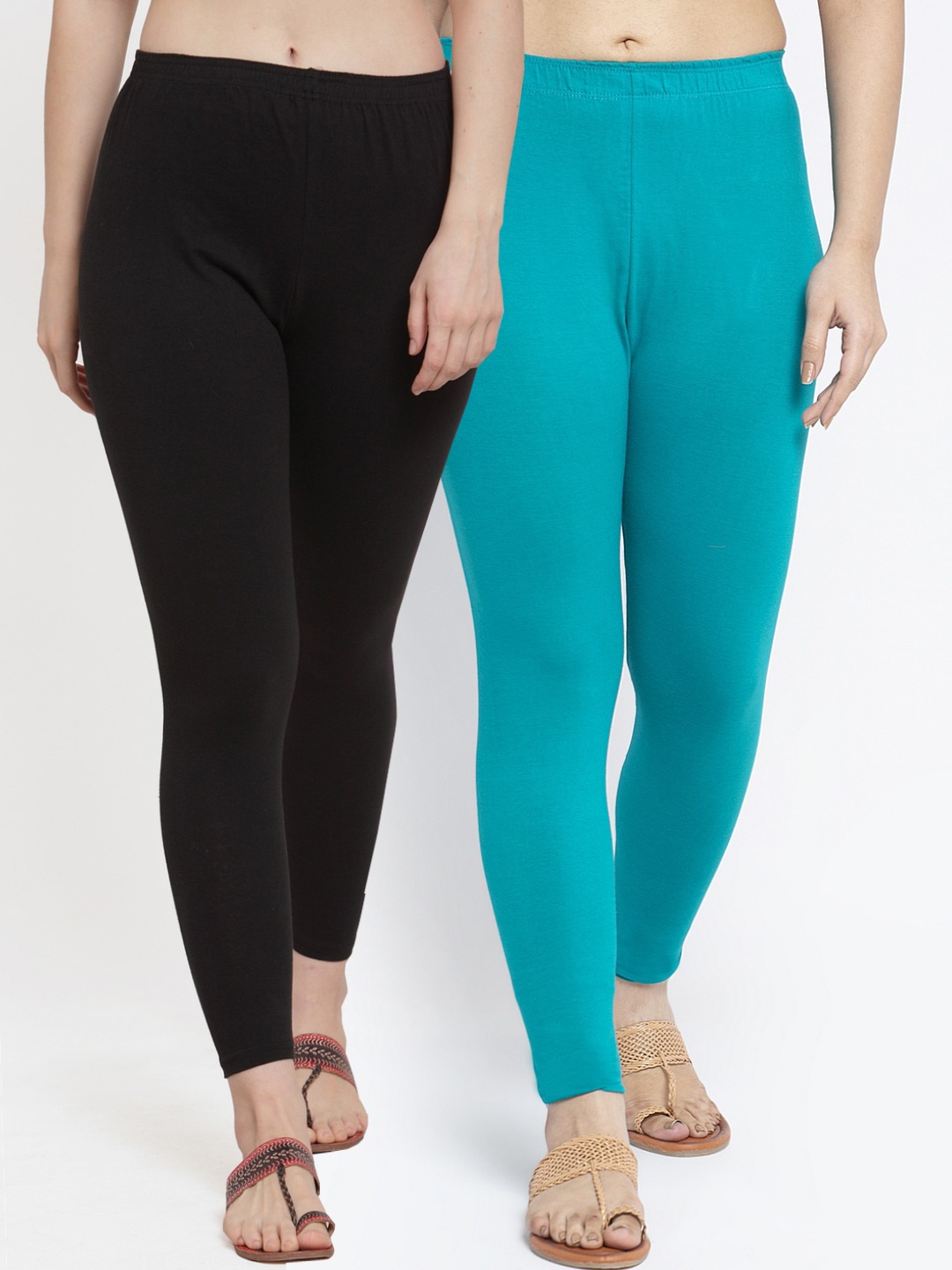 

GRACIT Women Pack of 2 Black & Light Blue Solid Ankle-Length Leggings
