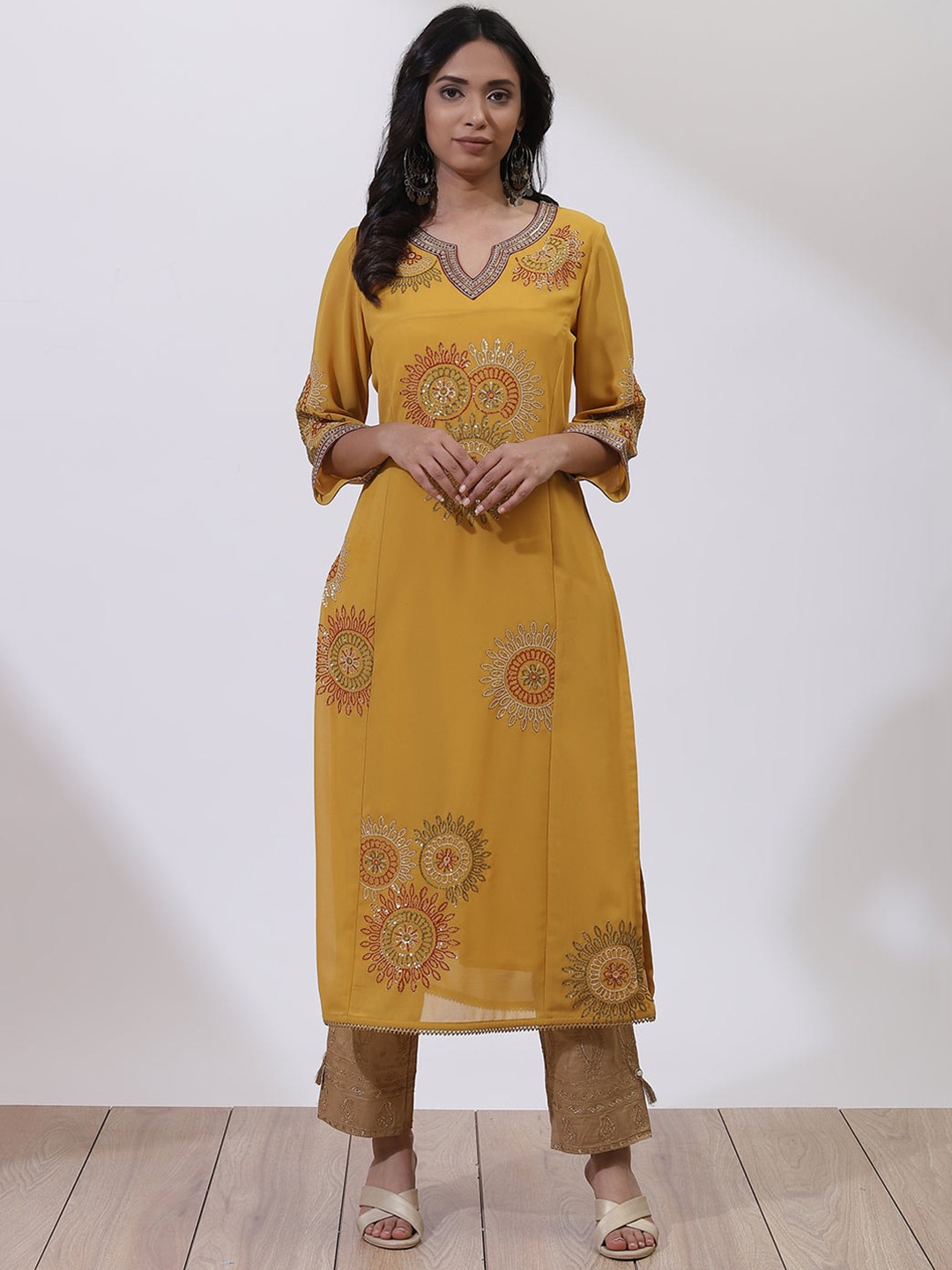 

Lakshita Women Mustard Yellow Embroidered Flared Sleeves Anarkali Kurta