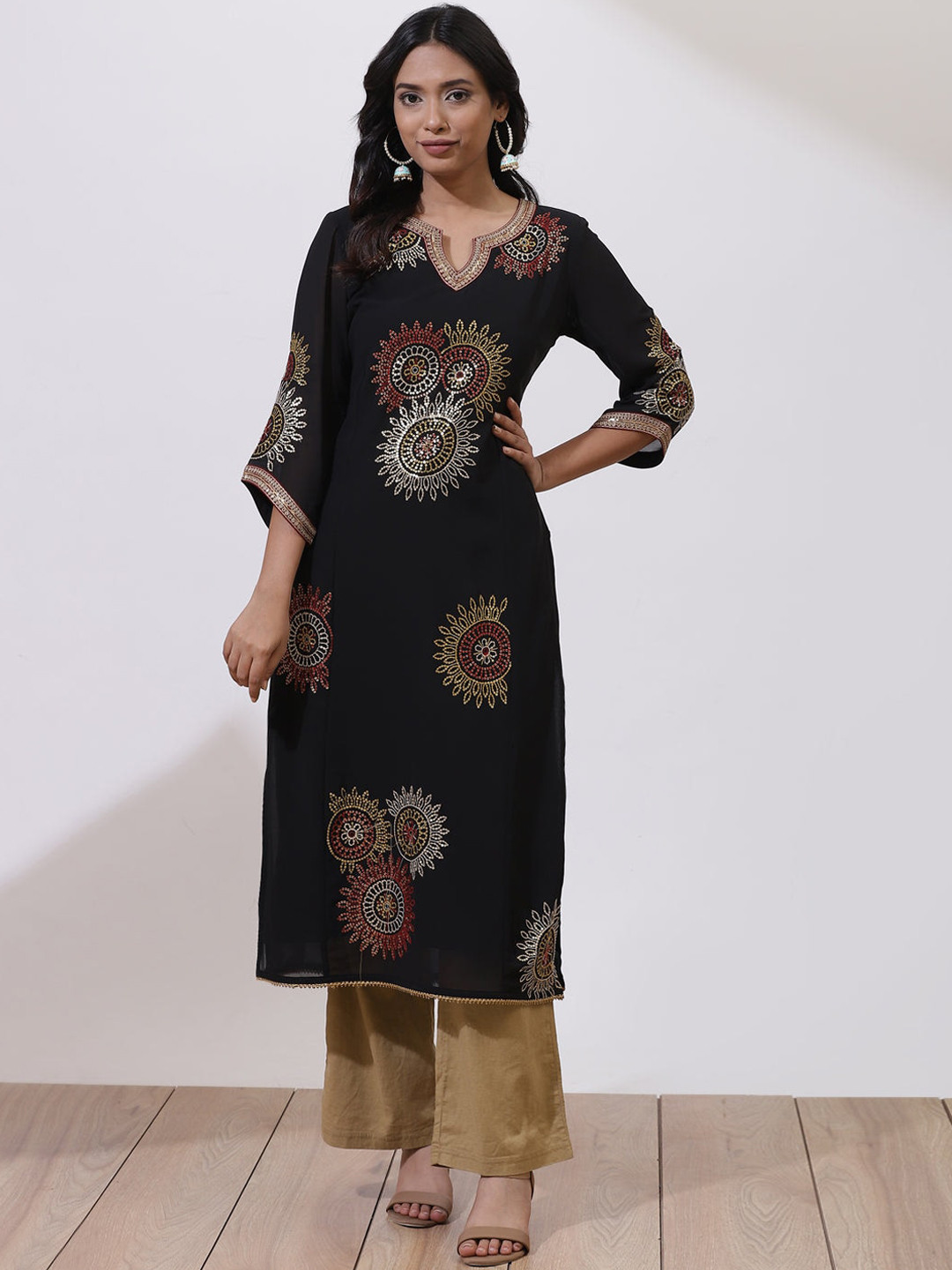 

Lakshita Women Black Ethnic Motifs Printed Thread Work Kurta