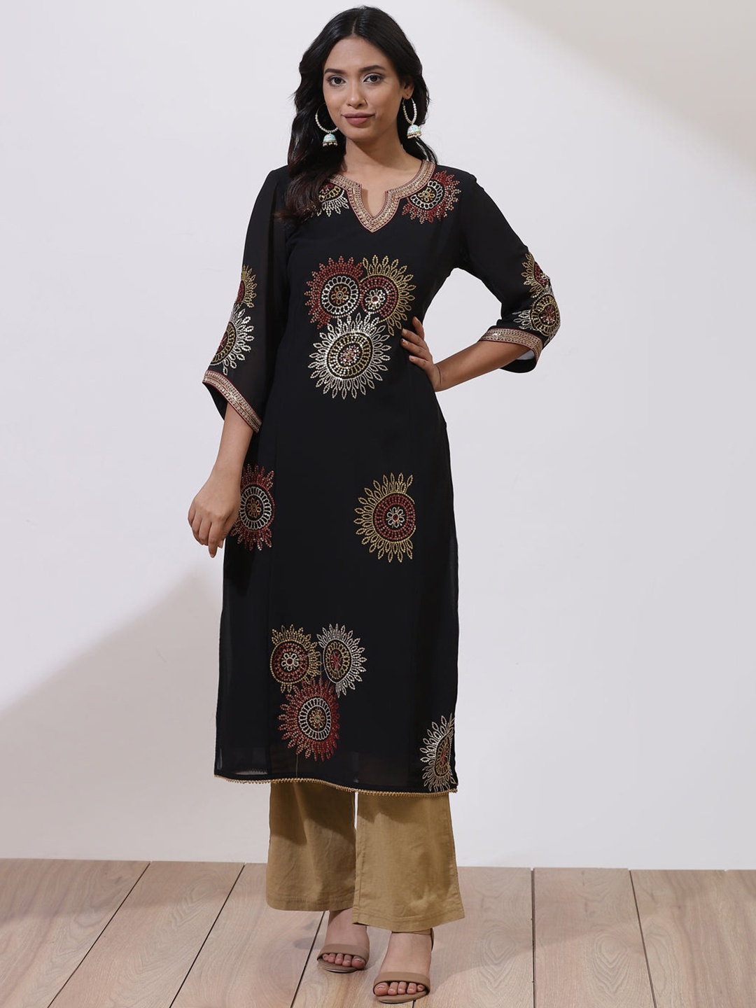 

Lakshita Women Black Ethnic Motifs Embellished Flared Sleeves Thread Work Kurta
