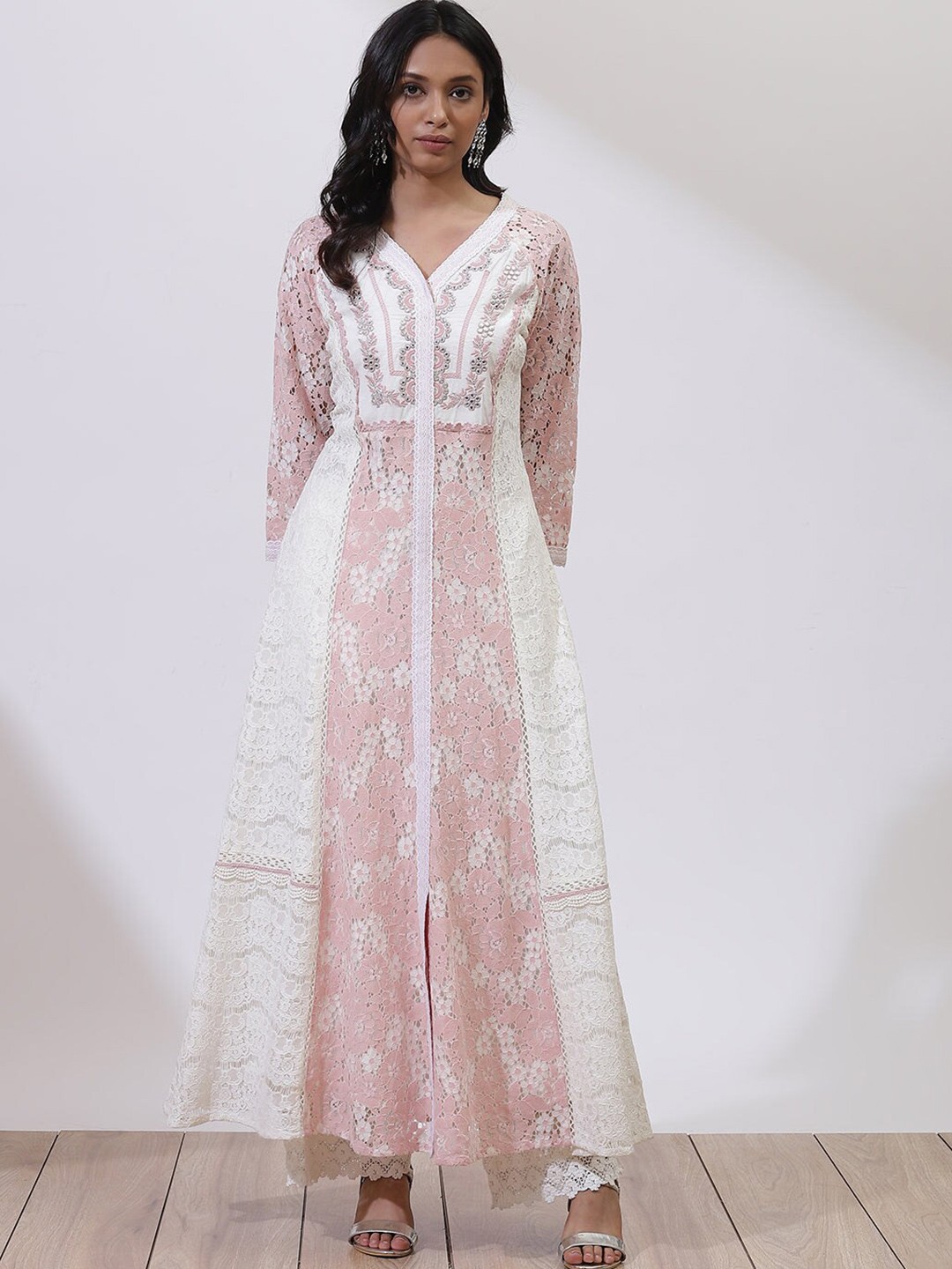 

Lakshita Pink & Off White Embellished Embroidered Lace Maxi Dress Plus Size