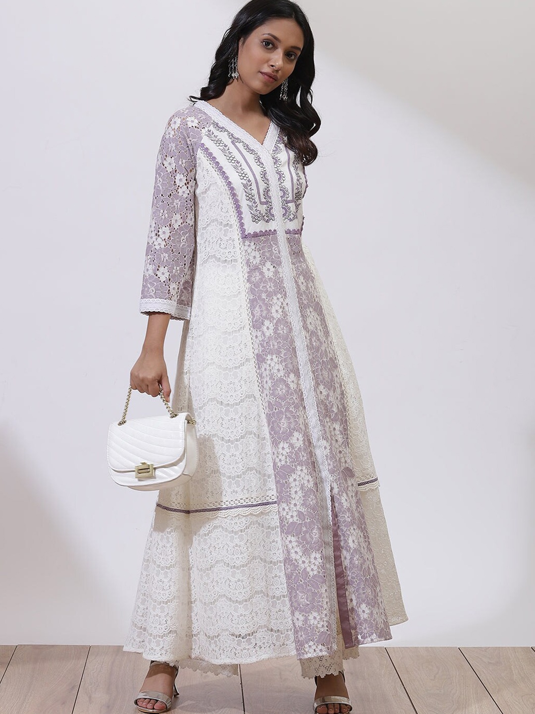 

Lakshita Women Lavender Floral Cotton Lace A-Line Maxi Dress