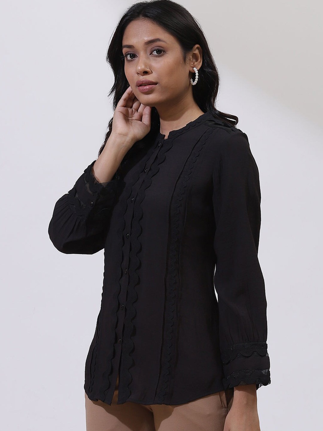 

Lakshita Women Black Comfort Semi Sheer Casual Shirt with Lace Inserts
