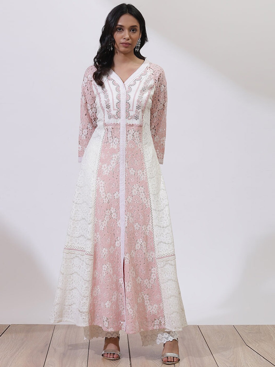 

Lakshita Pink & Off White Embellished Embroidered Lace Maxi Dress Plus Size
