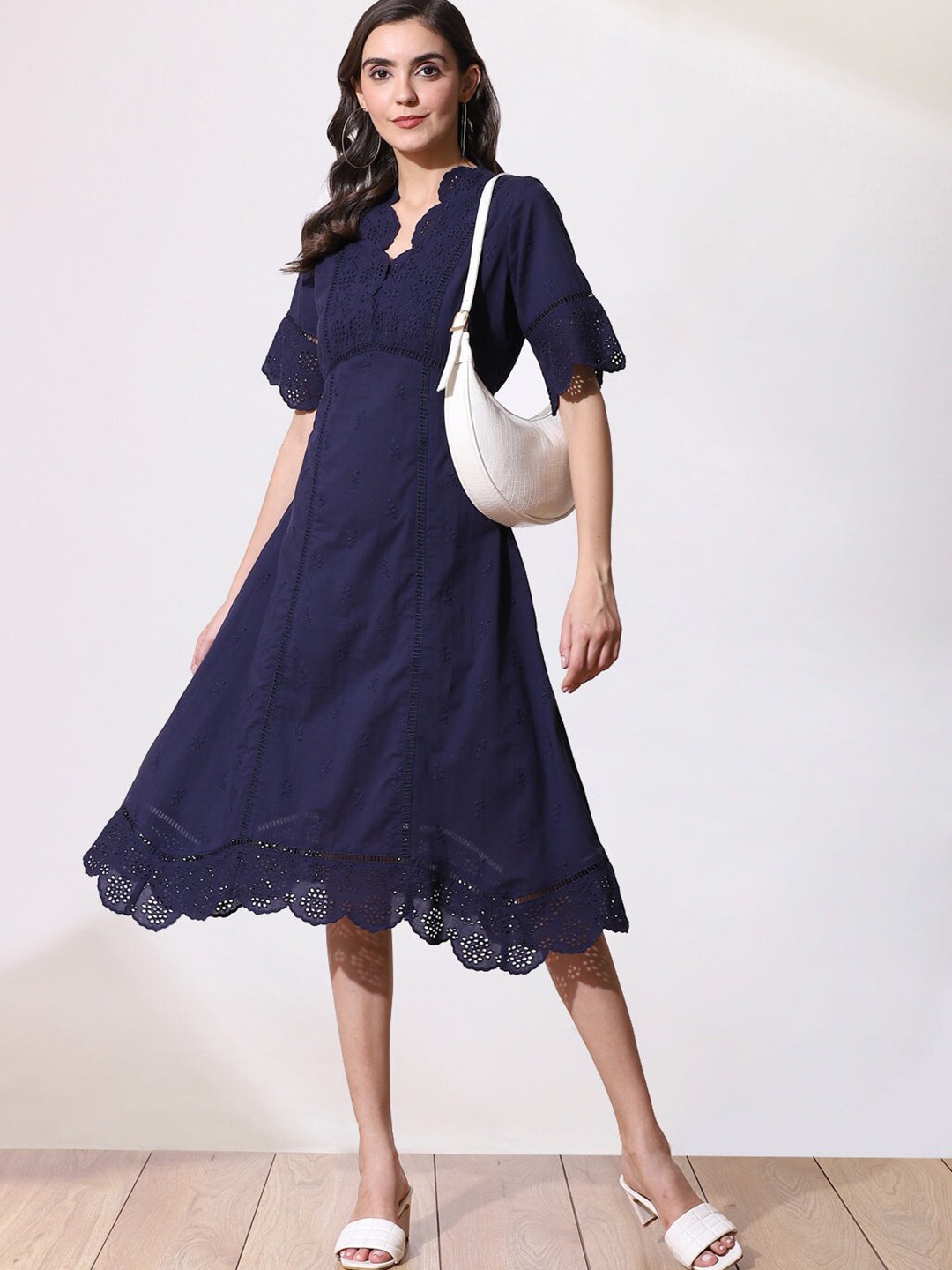

Lakshita Navy Blue & astral aura Lace Midi Dress