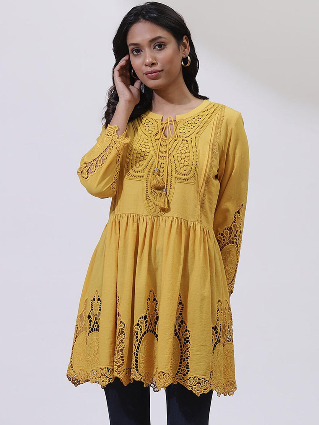 

Lakshita Women Mustard Schiffli Embroidered Tunic