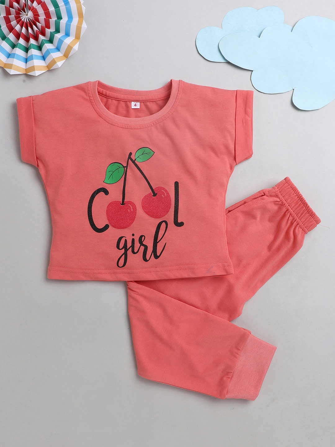 

The Magic Wand Girls Peach-Coloured & Black Printed Cotton Top with Pyjamas