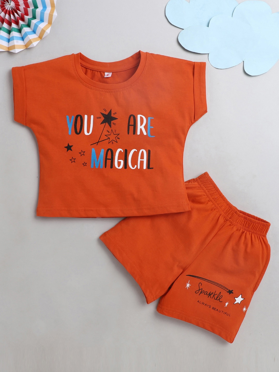 

The Magic Wand Girls Orange & White Printed Cotton T-shirt with Shorts