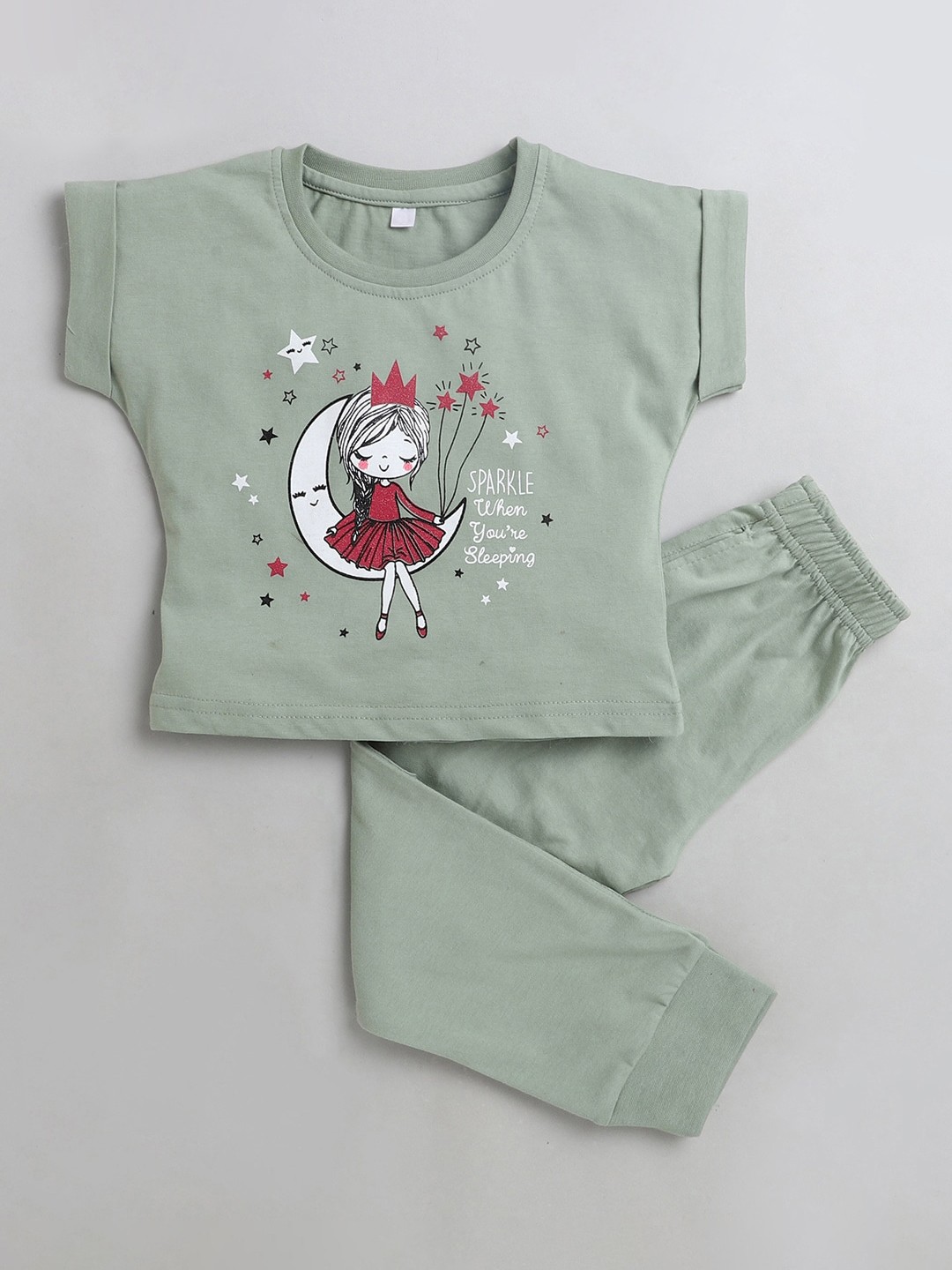 

The Magic Wand Girls Olive Green Printed Cotton T-shirt with Pyjamas