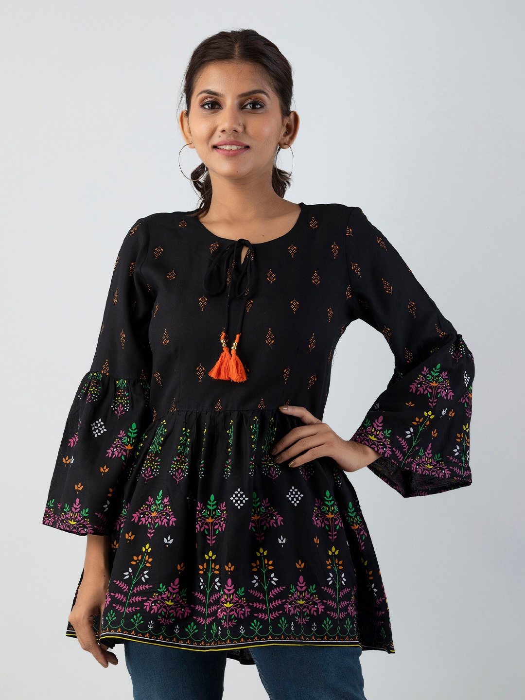 

KALINI Black & xiketic Floral Print Tie-Up Neck Indigo Top