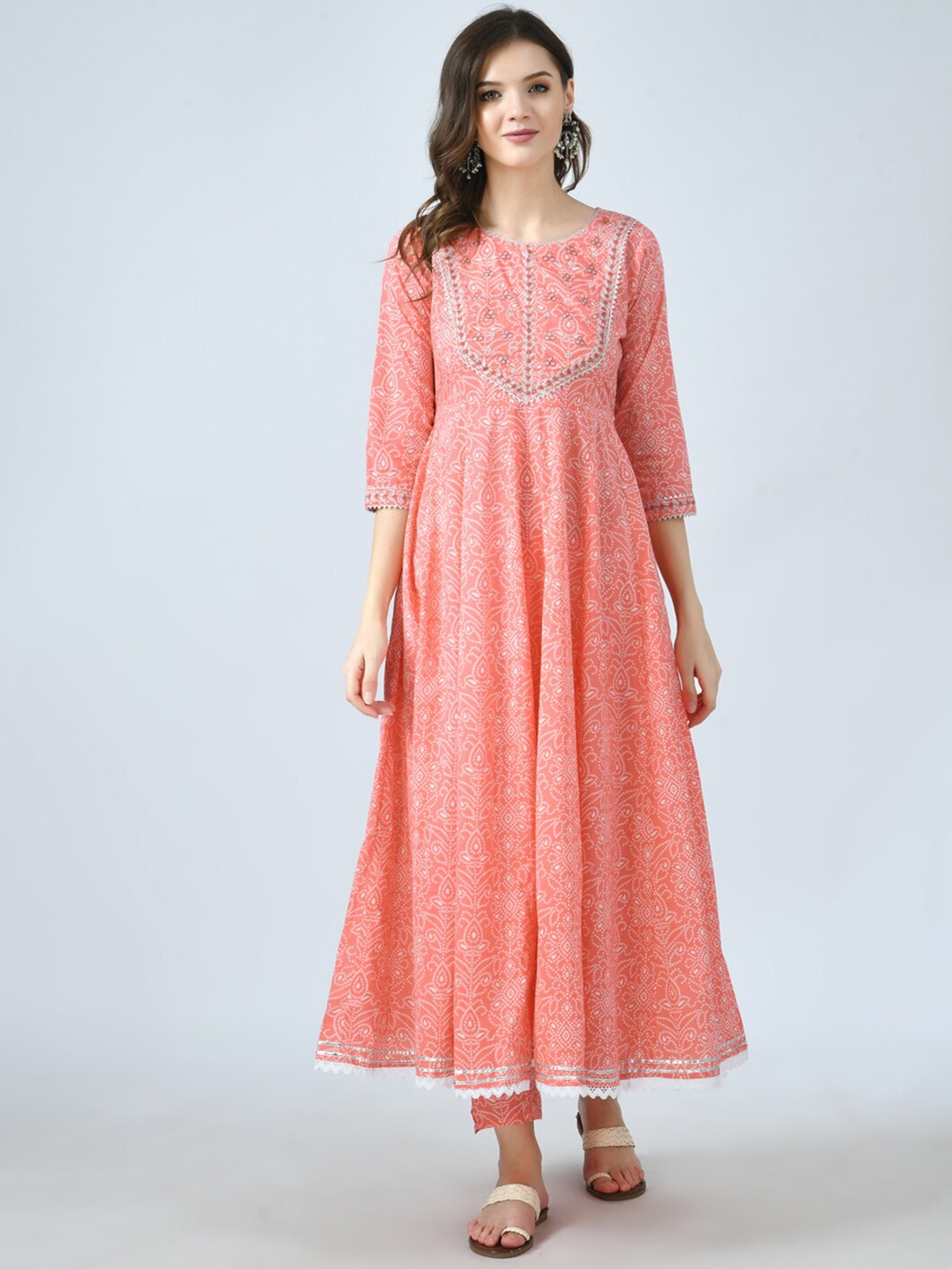 

KALINI Women Peach-Coloured Bandhani A-Line Kurta with Trousers