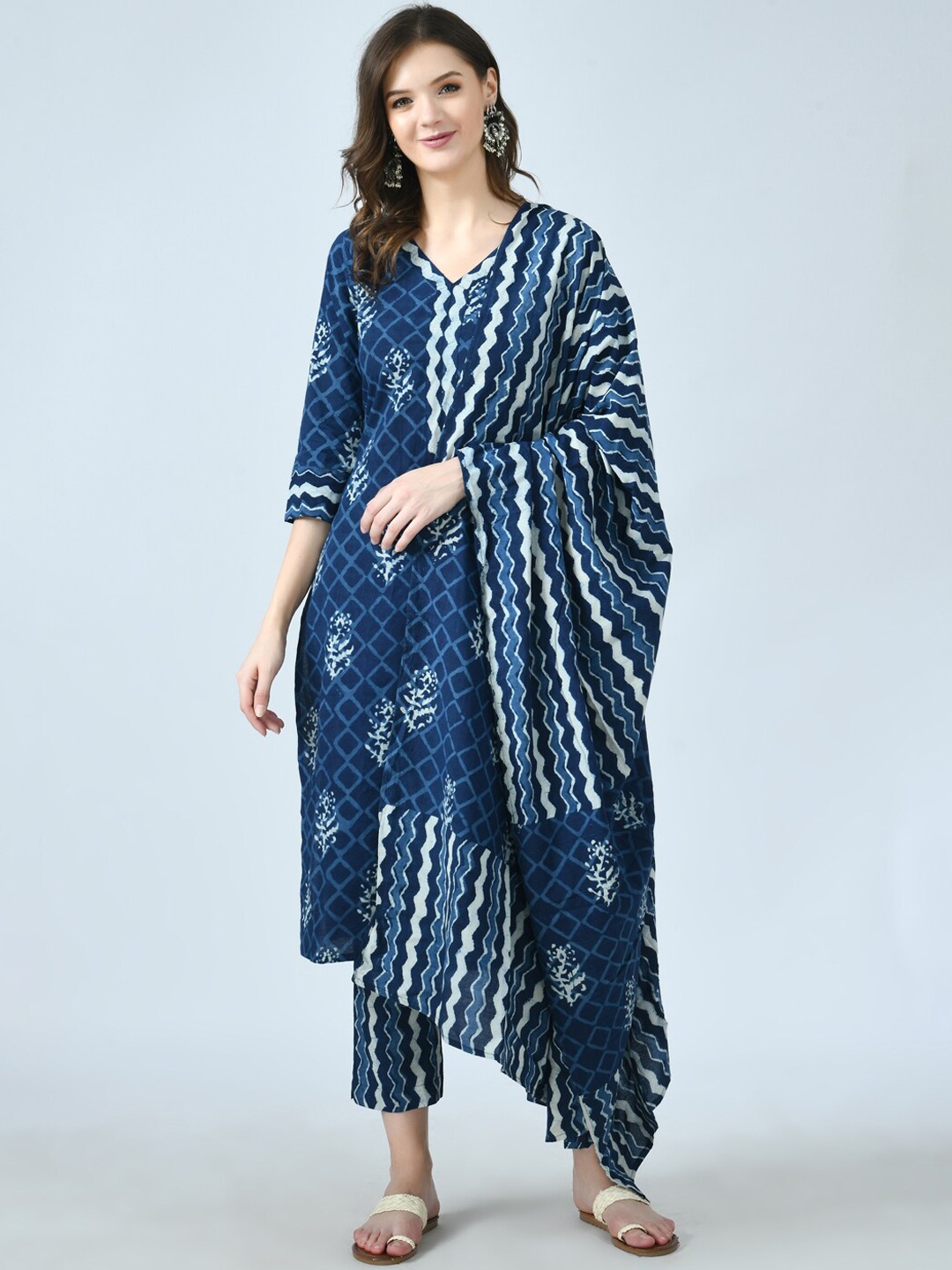 

KALINI Women Blue Printed Pure Cotton Kurta with Trousers & Dupatta
