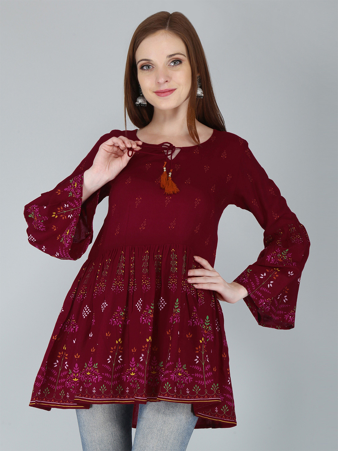 

KALINI Red Floral Print Tie-Up Neck Top