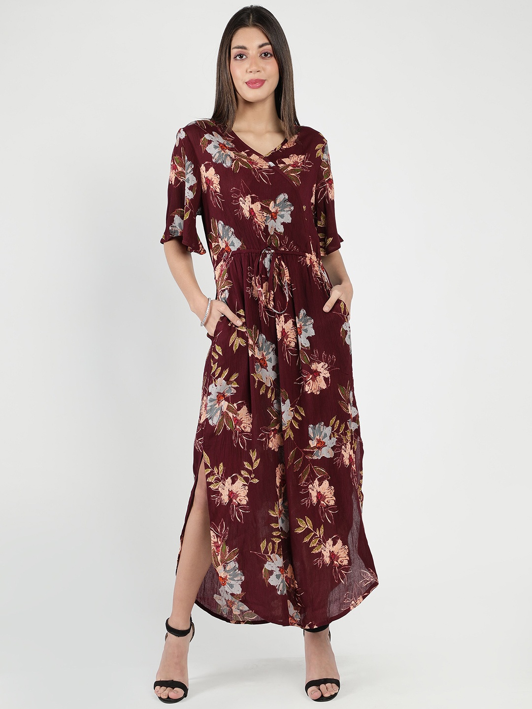 

DEBONATELLA Maroon & Grey Floral Crepe Maxi Wrap Dress