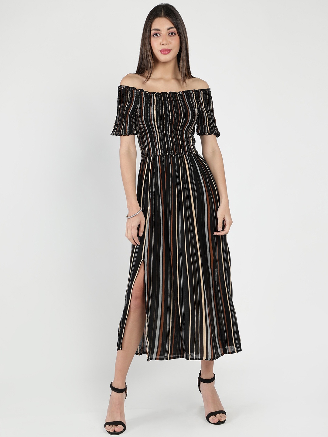 

DEBONATELLA Women Black, Grey Striped Off-Shoulder Crepe Fit & Flare Midi Dress