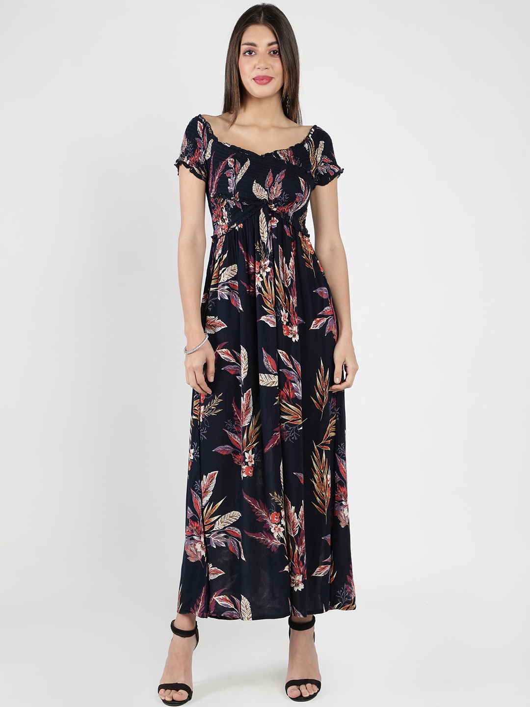 

DEBONATELLA Navy Blue & Multicoloured Floral Crepe Maxi Dress