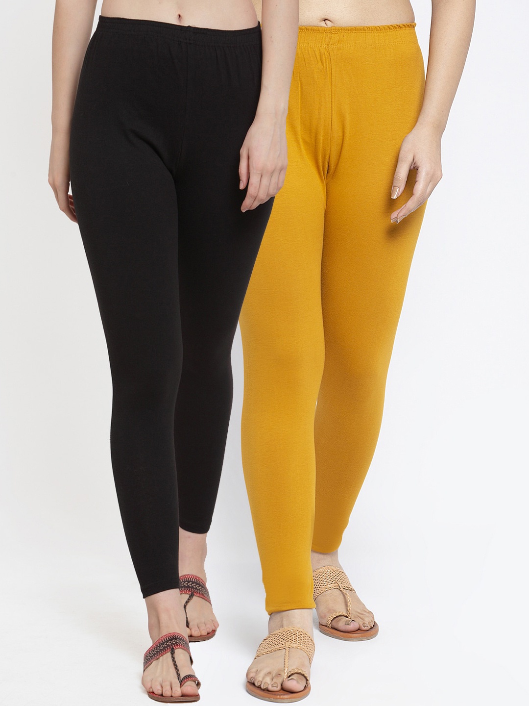 

Jinfo Women Black & Mustard Pack Of 2 Solid Ankle-Length Leggings