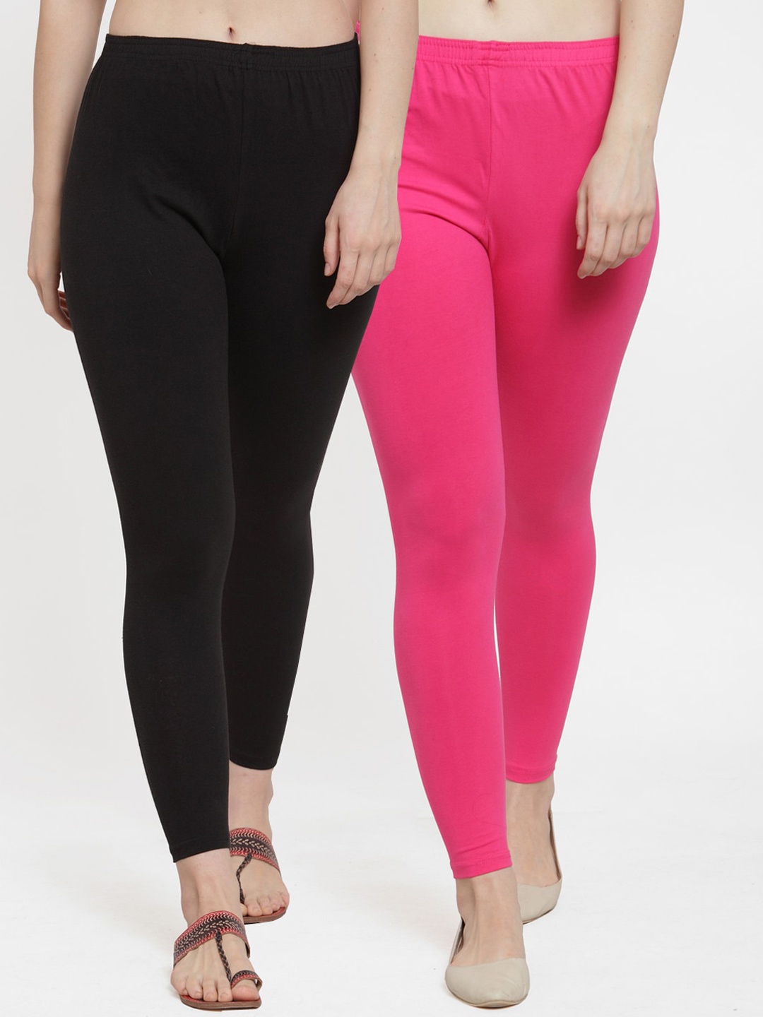 

Jinfo Women Pack Of 2 Black & Pink Solid Pure Cotton Ankle Length Leggings