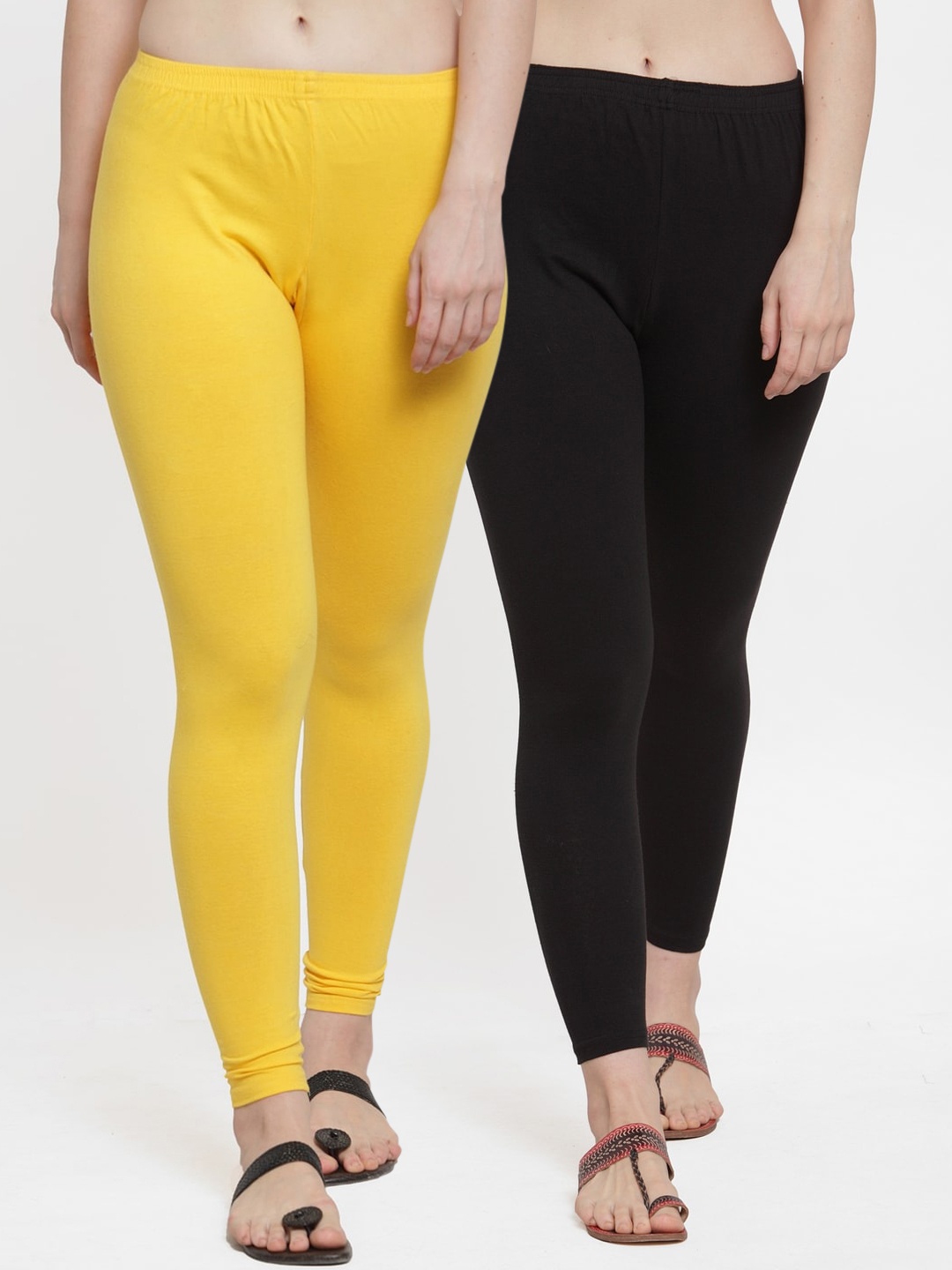 

Jinfo Women Pack Of 2 Black & yellow Solid Ankle-Length Leggings