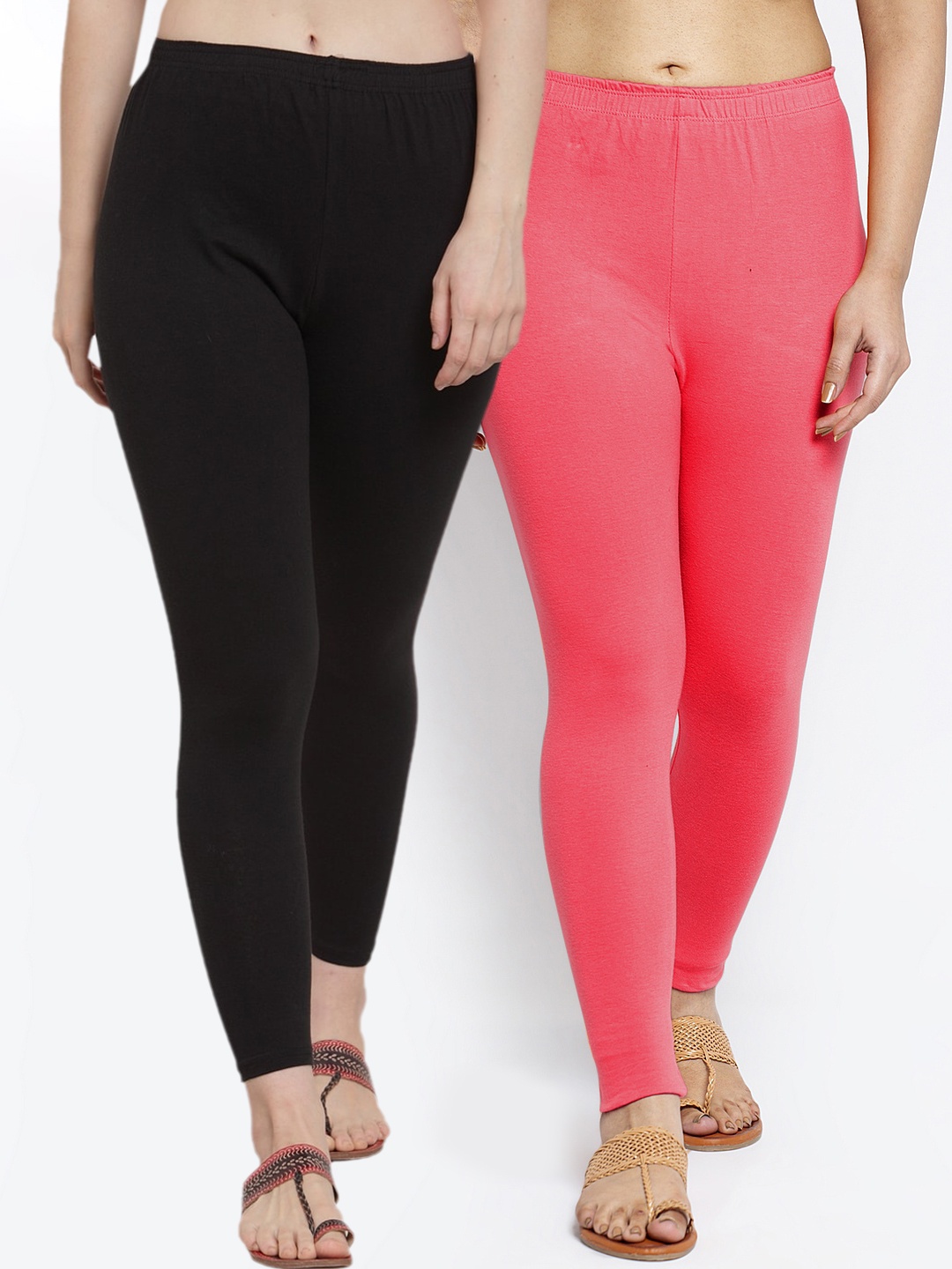 

Jinfo Women Pack Of 2 Black and Peach Solid Ankle-Length Leggings
