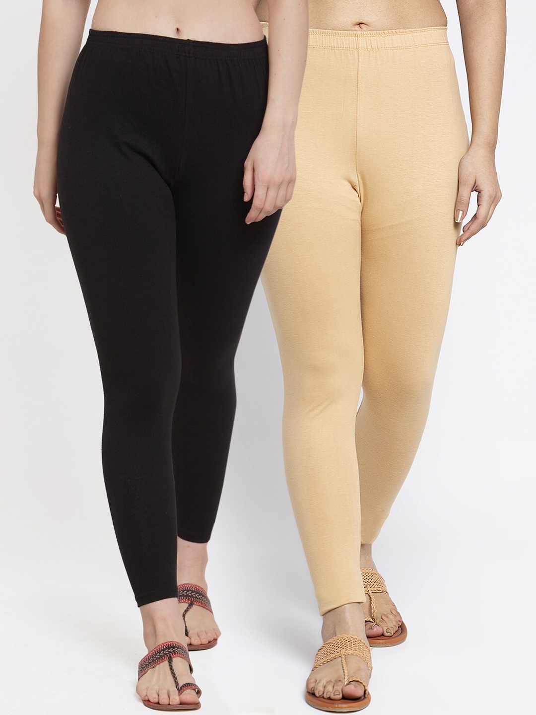 Jinfo Women Pack of 2 Solid Black & Beige Ankle-Length Leggings