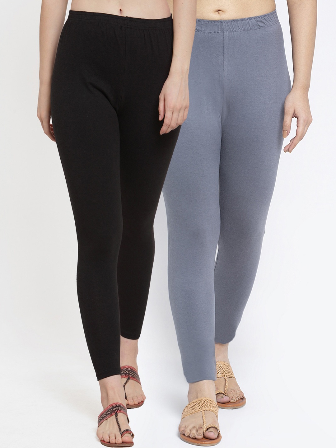 

Jinfo Women Pack Of 2 Solid Black - Grey Ankle-Length Leggings