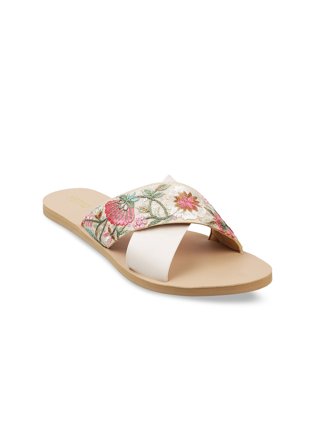 Metro Women Beige Printed Embroidered Flats