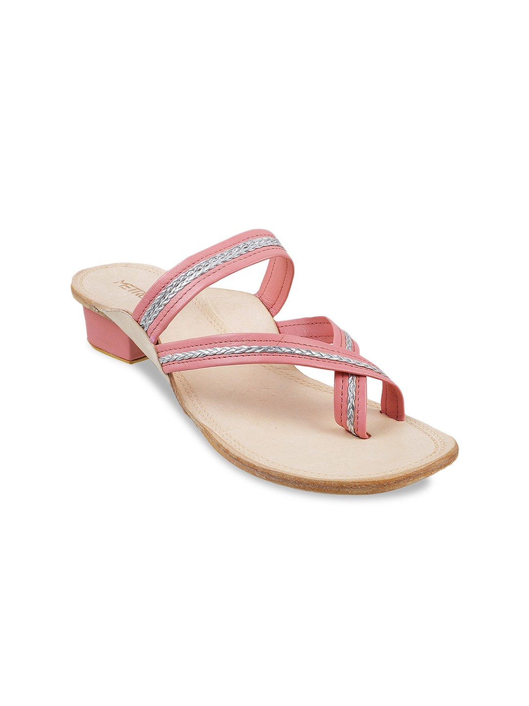 

Metro Pink & Beige Embellished Block Sandals 2 Inch Heels