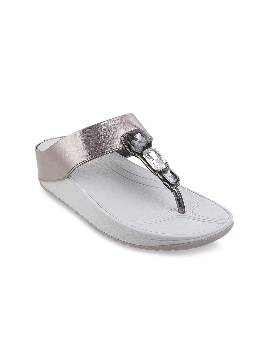 Metro Women Grey Embellished T Strap Flats