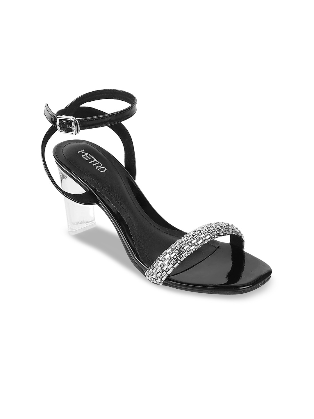 

Metro Black & Silver-Toned Embellished Block Sandals