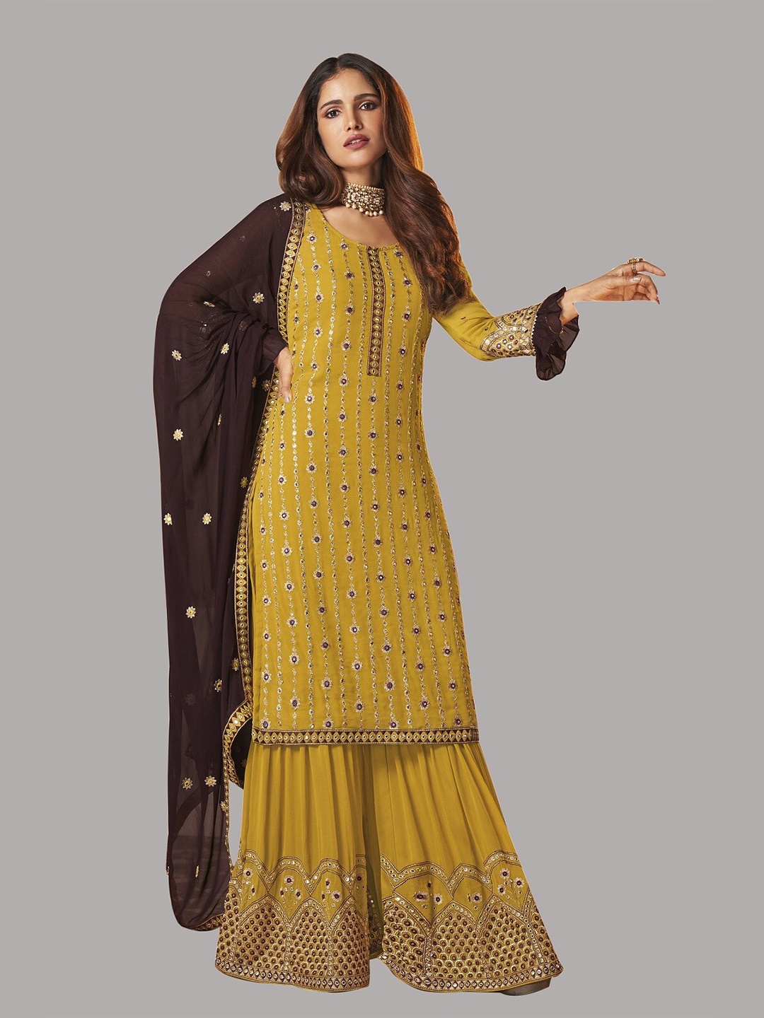 

Fashion Basket Yellow & Brown Embroidered Semi-Stitched Dress Material
