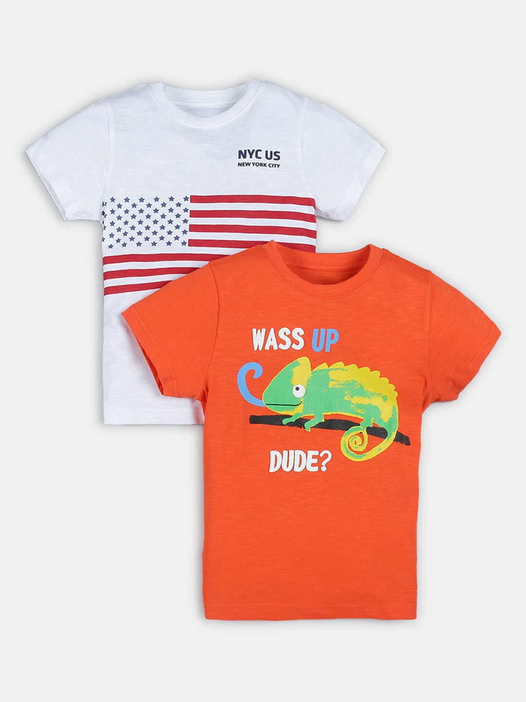

Hopscotch Boys Orange & White Pack Of 2 Printed Cotton T-shirt
